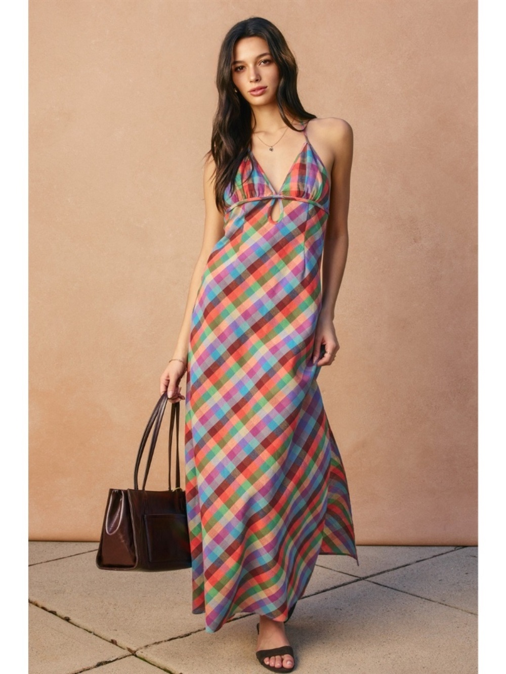 Rainbow Plaid Halter Dress